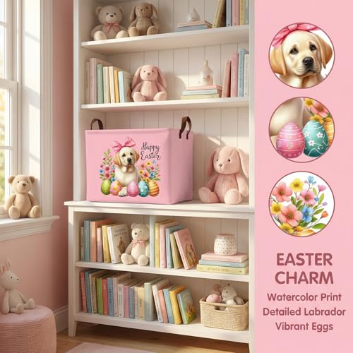 Image of Large Cute Easter Basket for Kid Empty Gift Baby Rectangle Storage Bin Bunny Eggs Boy&Girl Room Decor (Pink Dog)