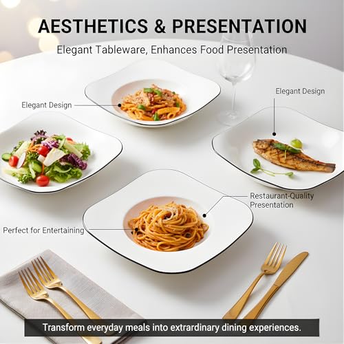 Image of 8.5 Inch Modern White Ceramic Square Serving Plate, Elegant Porcelain Dessert & Salad Plate with Minimalist Black Rim, Stackable Nordic Style Dishware for Appetizer, Fruit, and Sushi (Set of 4)