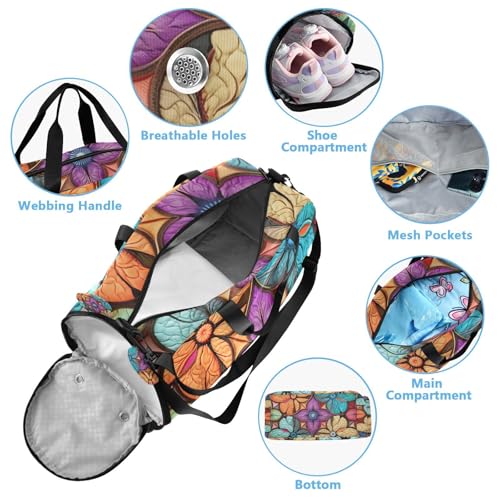 YETTASBIN Sport Travel Duffel Bag for Girls Boys, Flower Large Waterproof Weekender Overnight Bag, Detachable Shoulder Strap Gym Bag with Shoe Compartment & Wet Pocket4