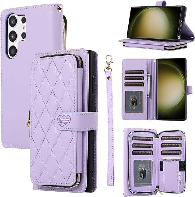 YYTVN Wallet Case for Samsung Galaxy S24 Ultra 6.8 inch with Zipper Card Holder & Shoulder Strap & Wrist Strap, Crossbody Purse Handbag Stylish Protective Cover for Galaxy S24 Ultra -Purple