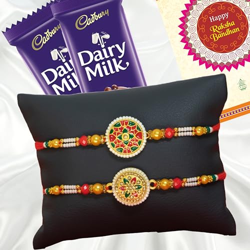 Image of Canton Rakhi Gift for Brother with Chocolate - Designer Rakhii for Brother with Cadbury Gift Hamper Pack, Roli Kumkum & Greeting Card (Design-2, 2 Rakhi + Cadbury)