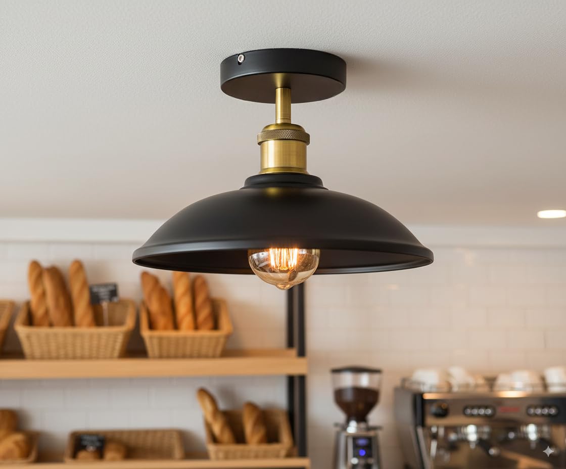 DC VOLTAGE Industrial Rustic Ceiling Light Fixture Metal Wide Light Shade, E27 Vintage Metal Semi Flush Mount Ceiling Light Fixtures for Bedroom (Black, Without Bulb)