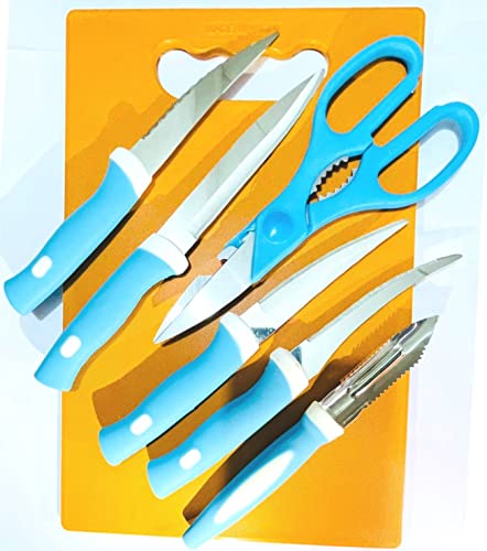 Julie Brown Knife Set with Plastic Chopping Board Stainless Steel 4 Knife and 1 Peeler and 1 Scissor and Stand(Blue)