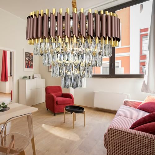 Image of Modern Ceiling Lamp 3-Tier Round Crystal Chandelier for Living Room | Modern Ceiling Light Jhumar for Hall for Home Decoration + 3 Color LED Light (Brown Gold, 500MM)