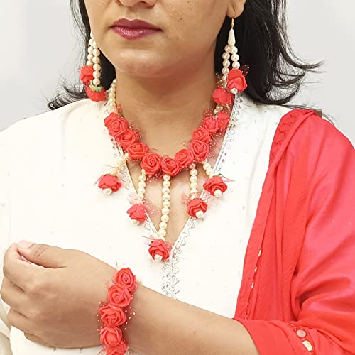 Efulgenz Flower Jewelry Set Floral Jewelry Indian Handmade Faux Pearl Beaded Necklace Earrings Maangtikka Bracelet Jewelry Set for Bridal Wedding Haldi Mehandi Jewelry for Women3