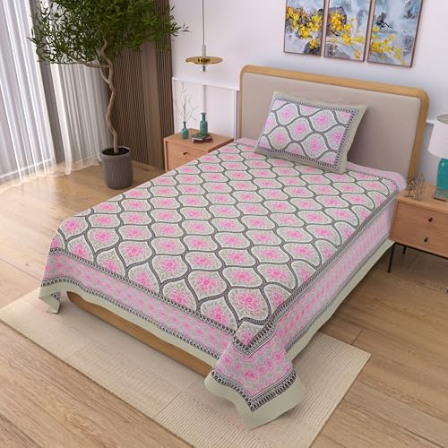 Image of 100% Cotton Single Bedsheet with 1 Pillow Cover | 240 TC Pure Cotton Flat Bed Sheet | Traditional Jaipuri Printed Bedding Set | Soft & Breathable | 60 x 90 Inch (Rangmahal Single 13)