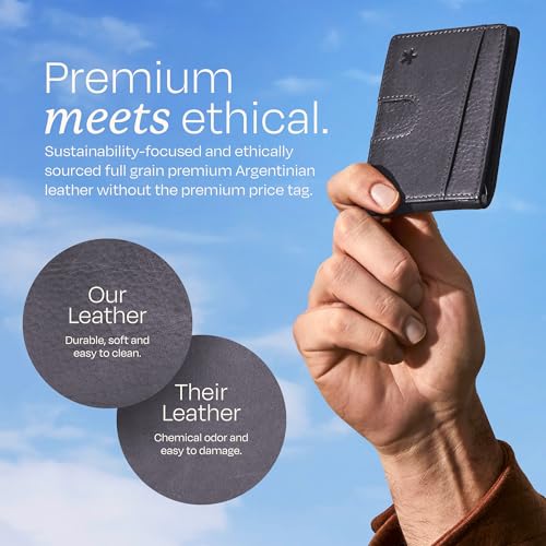 Image of Swear Brands Full Grain Leather Wallet with RFID Blocking & Money Clip - Minimalist Bifold Wallet Holds 12 Cards - Easy Access Pull Tab - Ethically Sourced (Grey)