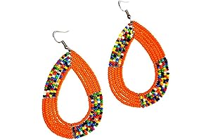 TEMBO AFRICA Maasai Beaded Earrings: Handmade African Jewelry in Orange and Blue (3 Inch)