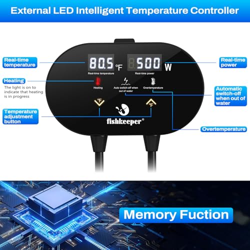 Image of fishkeeper Aquarium Heater with Intelligent LED AlarmTemperature Controller, 500W Submersible Fish Tank Heater for 66-135 Gallon, Leaving Water Automatically Stop Heating, for Freshwater Saltwater