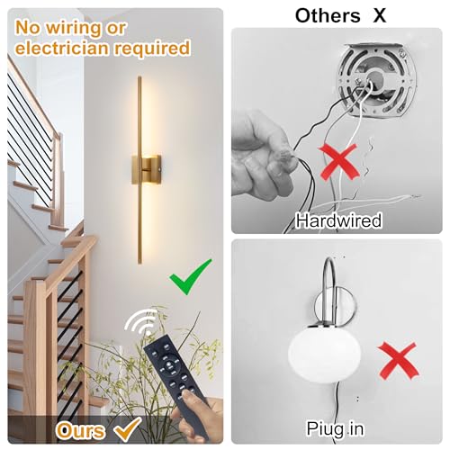 Image of 15800 mAh Battery Operated Wall Sconce with Remote Control Dimmable Wall Sconce Set of Two 3000K LED Brass Gold Wireless Wall Light Battery Powered Cordless Rechargeable Sconces Wall Lighting Set of 2