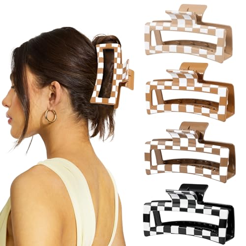 4 PCS 5 Inch Checkered Hair Claw Clips for Women - Square Checker Extra Large Claw Clips Rectangle Durable Claw Clips for Thick Long Curly Hair Hair Accessories for Daily Dating Work & Travel