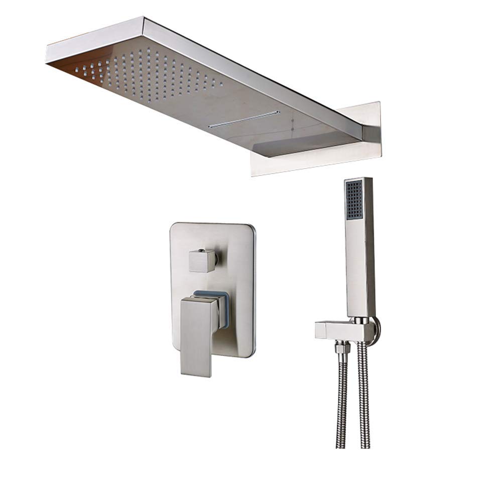 CWCQGH Rain Single Handle Rain Mixer Shower Combo Set Wall Mounted Bathroom Shower Faucet Set with Waterfall Shower Head, Handheld Shower,Chrome,Brushed Nickel
