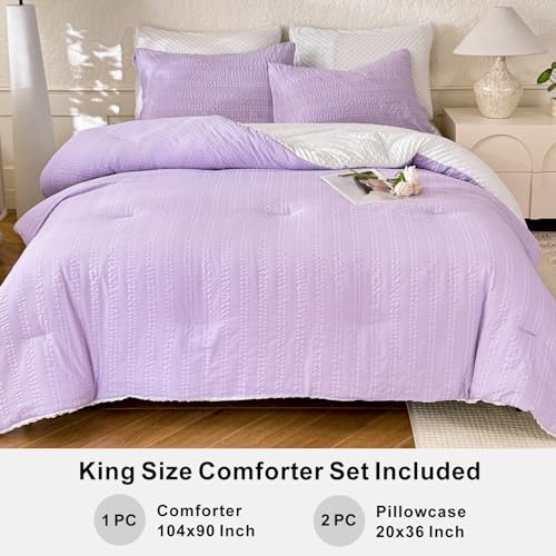 Image of tohrisa Boho Comforter Set King Size Striped Pleats Bohemian Seersucker Bedding Set All Season Soft Cozy 3 Pieces Quilt with 2 Pillowcases(104 inchX90 inch Lavender)