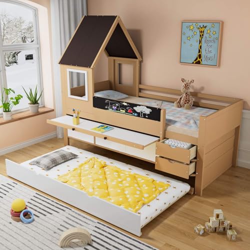 Sweiko Letto a castello 90 x 190 cm con armadio a cassetto, letto a cassetto, tavolo pieghevole, letto per bambini con finestra decorativa, tavolo a graffiti stoccaggio, bianco e naturale