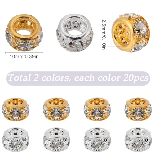 SUNNYCLUE 1 Box 40Pcs Gold Silver Rhinestone Spacer Beads 10mm Rondelle Beads for Jewellery Making DIY Crafts - Image 2