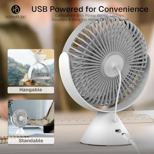Image of HOMEBASIC Mini Table Fan for Home & Office| Portable handheld Desk Fan with 3 Adjustable Speed, 360 Rotation, Type C Rechargeable, 2400 RPM Motor| 7 Inches Quiet Cooling Fan for Travel (Grey & White)