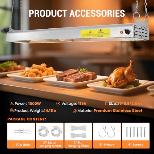 36-Inch Food Heat Lamp, 1000W Commercial Food Warmer Lamp Electric Strip Heater Overhead Stainless Steel Heat Lamps for Buffet Restaurant Parties Catering, Sliver 115V
