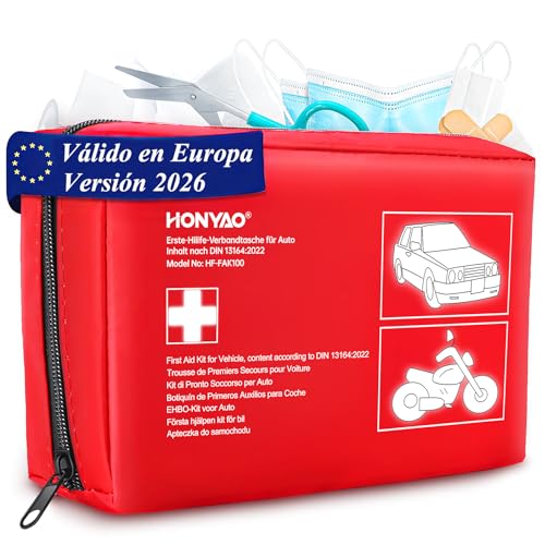 HONYAO Botiquín de Primeros Auxilios Coche, Kit Primeros Auxilios con la Última Norma DIN 13164, Botiquin para Automóvil Camiones Caravanas Moto Viaje Casa Cámping