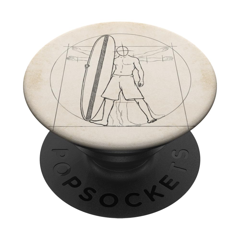 Vitruvian Man Surfer Dude With Mini-Malibu Board Sketch PopSockets Swappable PopGrip, Black