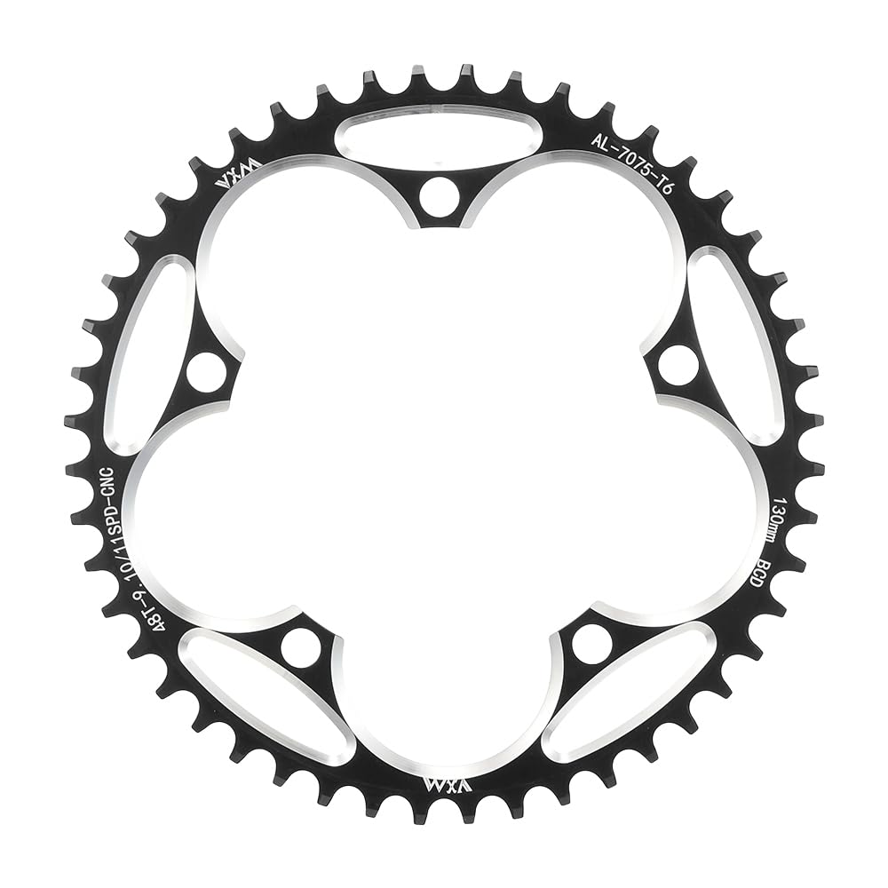 KTKEET 110/130BCD Chainring 36/38/40/42/44/46/48/50/52/54/56/58/60T Round Narrow Wide Chainring 5 Bolts Bicycle Chainwheel for 8-12 Speed Road Bike Folding Bicycle (Black,130BCD 48T)