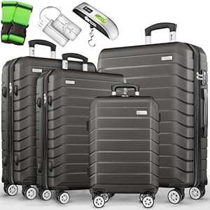 tillvex® Reisekoffer Set 4-teilig + Gepäckwaage, 8X Koffergurte & 4X Kofferanhänger | Kofferset 4 Rollen | Trolley Gepäck Koffer TSA Schloss | Hartschalenkofferset S-M-L-XL