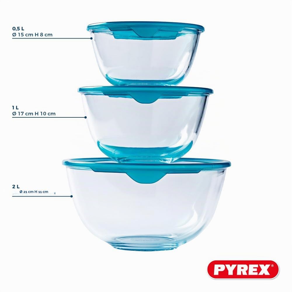 Pyrex® Prep & Store - Juego de 3 cuencos de cristal resistentes con tapa (0,5 L, 1 L, 2 L), sin BPA