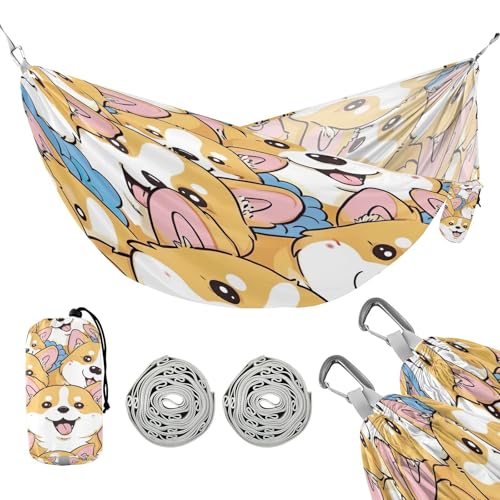 ATTX Beautiful Cartoon Corgi Camping Hammock - Lightweight & Portable Hammocks, Heavy Duty 330lbs Capacity for Indoor, Hiking, Backpacking, Travel, Backyard, Beach#412