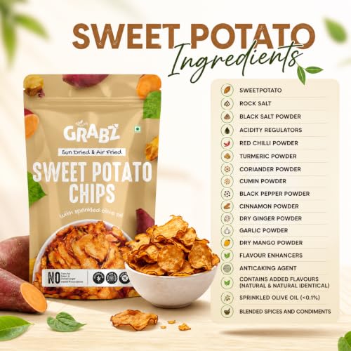 Image of GRABZ Healthy Sweet Potato chips And Clusterbean | Rich in Fiber | Rich Nutritious Snacks (20 Grams x 2 Pack) Health Premium | Zero oil | Crunchy chips