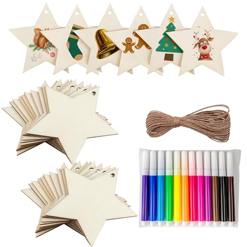 40 Stück Holzsterne zum Basteln Weihnachten mit Juteseil & 12...