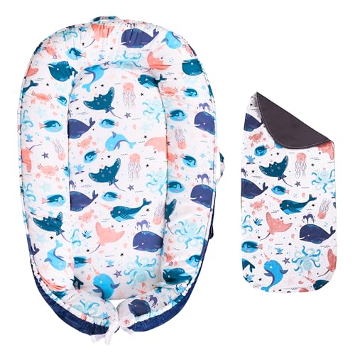Image of Baby Lounger - Infant & Newborn Lounger with 2-Inch Mattress Pad, Soft Baby Lounger Cover, Waterproof Urine Liner & Pad Cover - Available in 15 Patterns - BL12 Velvet Blue Sea Animals