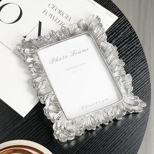 Silver 5x7 Picture Frame, Vintage Silver Palm Leaves Textured Hand-Crafted Resin with Glass Front Elegant Retro Vintage Rustic Design Photo Frame for Wall and Tabletop Display Home Decor