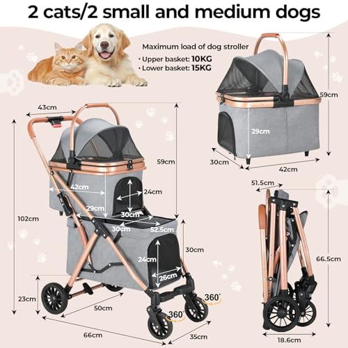 MAMIZO Doppelter Hundebuggy, Haustiere Buggy bis 15 kg, Faltbar 2 Etagen Hundewagen, Katzenbuggy für 2 Etagen mit 4 PCS verschleißfeste PU-Räderr, Hundebox Transporttasche, Grau