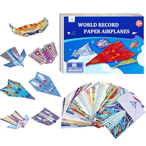 Paper Airplane Kits with 16 Classic Designs, 32 Sheets of Colorful Origami Paper, World Record Paper...