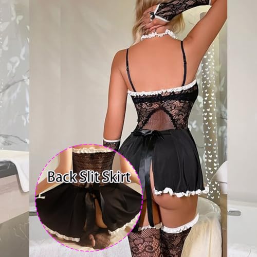 Sexy Dessous Reizwäsche Cosplay Kostüm für Damen Unterwäsche Outfit Frauen Anime Katze Dienstmädchen Spitze Minikleid Maid Lingerie Ouvert Erotisch Rollenspiel Netzkleid Set mit Strümpfe – Bild 4