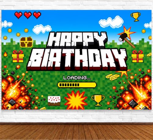 Image of Happy Birthday Banner Boy 5x3ft Birthday Sign Village Gaming Birthday Party Decorations Videogame Themed Banner Video Game Decorations Video Game Happy Birthday Backdrop for Boys