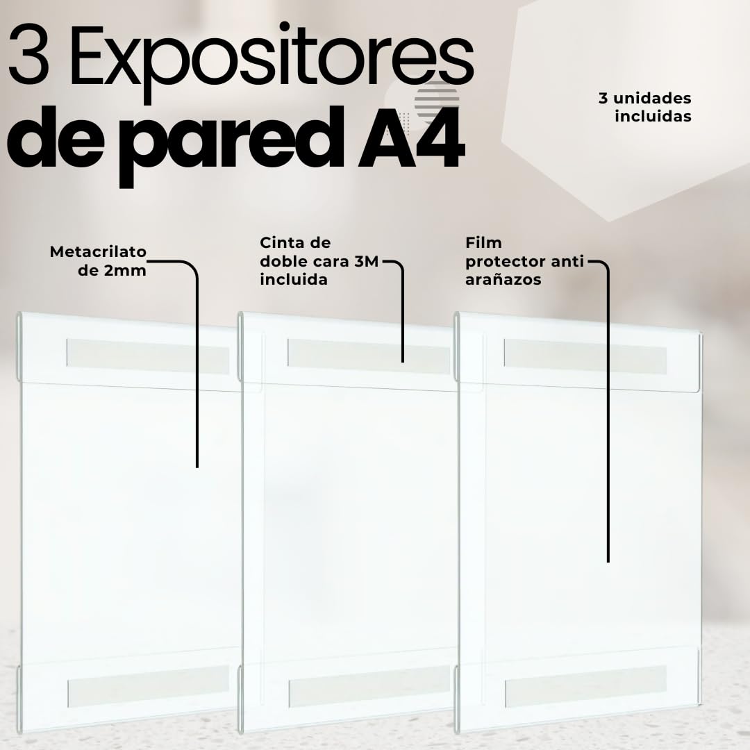 Expositor metacrilato A4 de pared, pack 3 unidades, soporte acrílico para carteles A4 con cinta doble cara, porta documentos, marco de acrílico, portafolios transparente.
