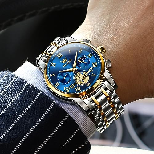 OLEVS Watches for Men Chronograph Business Wrist Watches Analog Quartz Moon Phase Stainless Steel Waterproof Luminous Dress Watches (Image - 5)