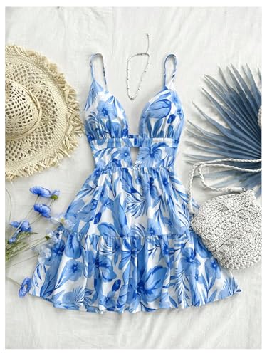 Image of Floerns Women's Sleeveless Butterfly Print Cut Out V Neck Tiered Mini Cami Dresses