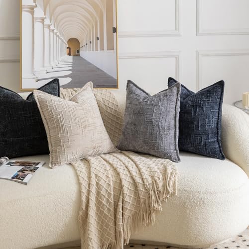 Image of MADIZZ Pack of 2 Chenille Throw Pillow Covers 20x20 Inch Black Soft Neutral Decorative Throw Pillows for Couch Sofa Boho Accent Cushion Covers Modern Farmhouse Home Decor for Bedroom Living Room