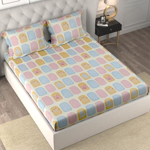 Image of Cloth Fusion Glace Cotton Elastic Fitted Bedsheet King Size 78x72 inch | Pastel Black, 2 Pillow Covers, 180 TC, Soft, PolyCotton Blend, 360 Grip, Fits Up to 8 in Mattress, Quick-Drying