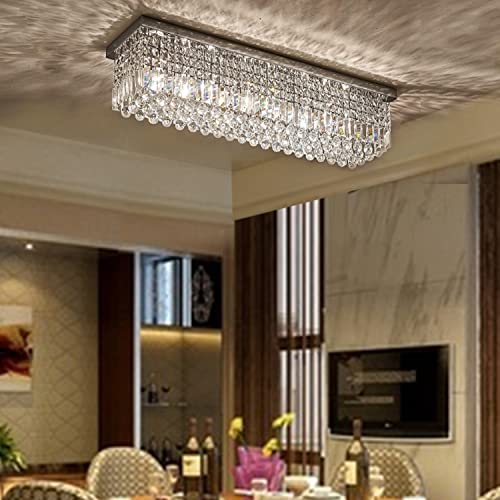 Image of Ceiling Light for Dining Room, Flush Mount Modern K9 Crystal Light Fixture, Rectangular Chandelier for Kitchen Island, L29.5inch, Chrome Finish