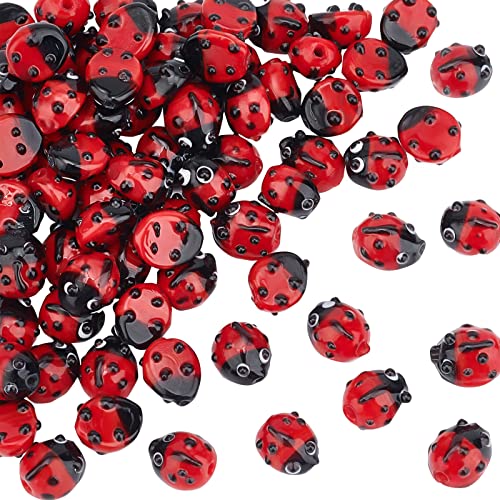 OLYCRAFT 80pcs Lampwork Beads Handmade Red Ladybug Lampwork Beads Insect Shape Handmade Beads Loose Beads for Bracket Earrings Necklace Jewelry Making
