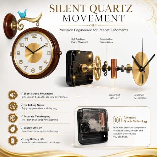 Image of Armonia Premium Heritage Royale Double-Sided Station Wall Clock, 18.5 Inch Vintage Analog Dual Face Hanging Clock, Silent Quartz Movement, Acrylic Wall Clock for Living Room,Office, Home Decor (Brown)