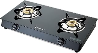 Bajaj GP6 Gas Stove 2-Burner Stainless Steel & Glass Manual Toughened Glass Top 2 Yr Waarnty Black