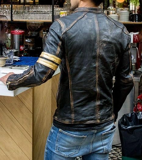 Image of Men's Leather Jacket Cafe Racer Biker Style Retro Stripes Jacket, Motorcycle Racing Leather Jacket Men
