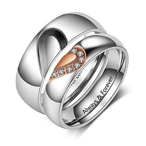 Personalized Couples Promise Rings Set for Him and Her with Free Engraving, Stainless Steel, Silver-(couple ring set)