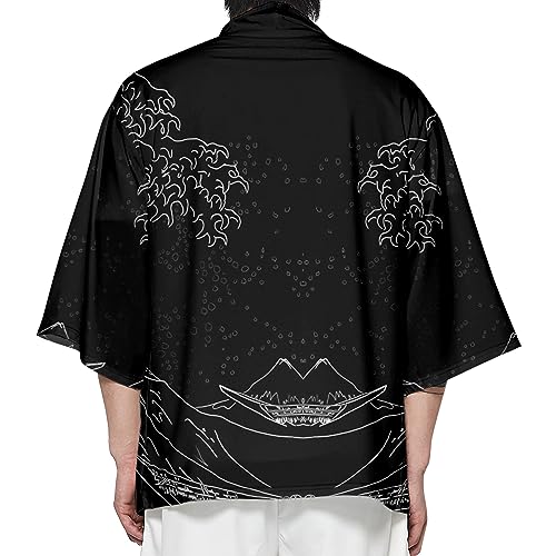 Image of DOSLAVIDA Men's Japanese Kimono Jacket Set Stylish Open Front Coat With Shorts Chinese Style Printed Cardigan Suit
