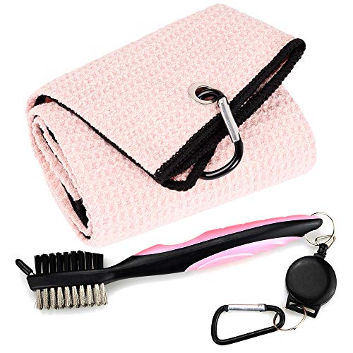 Product Image of the Mile High Life Microfiber Waffle Pattern Tri-fold Golf Towel | Brush Tool Kit with Club Groove Cleaner, Retractable Extension Cord and Clip (Pink Towel+Pink Brush)