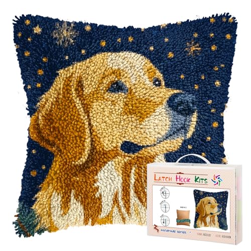 Latch Hook Pillow Kits for Adults Merry Christmas Golden Retriever Dog DIY Pillow Cover Printed Pillowcase Crochet Yarns Hooking Handmade Cushion for Home Sofa Decoration 17x17inch(3)