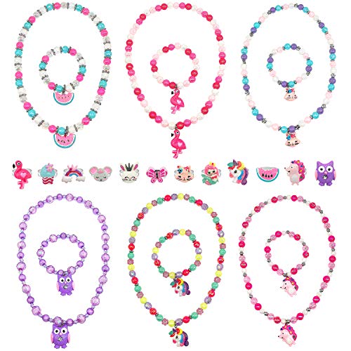 Elesa Miracle 24pcs Little Girl Teens Kids Shiny Unicorn Flamingo Owl Mermaid Pendant Beaded Necklace Bracelet Rings Value Set Kids Girl Party Favor Pretend Play Bracelet, Set A